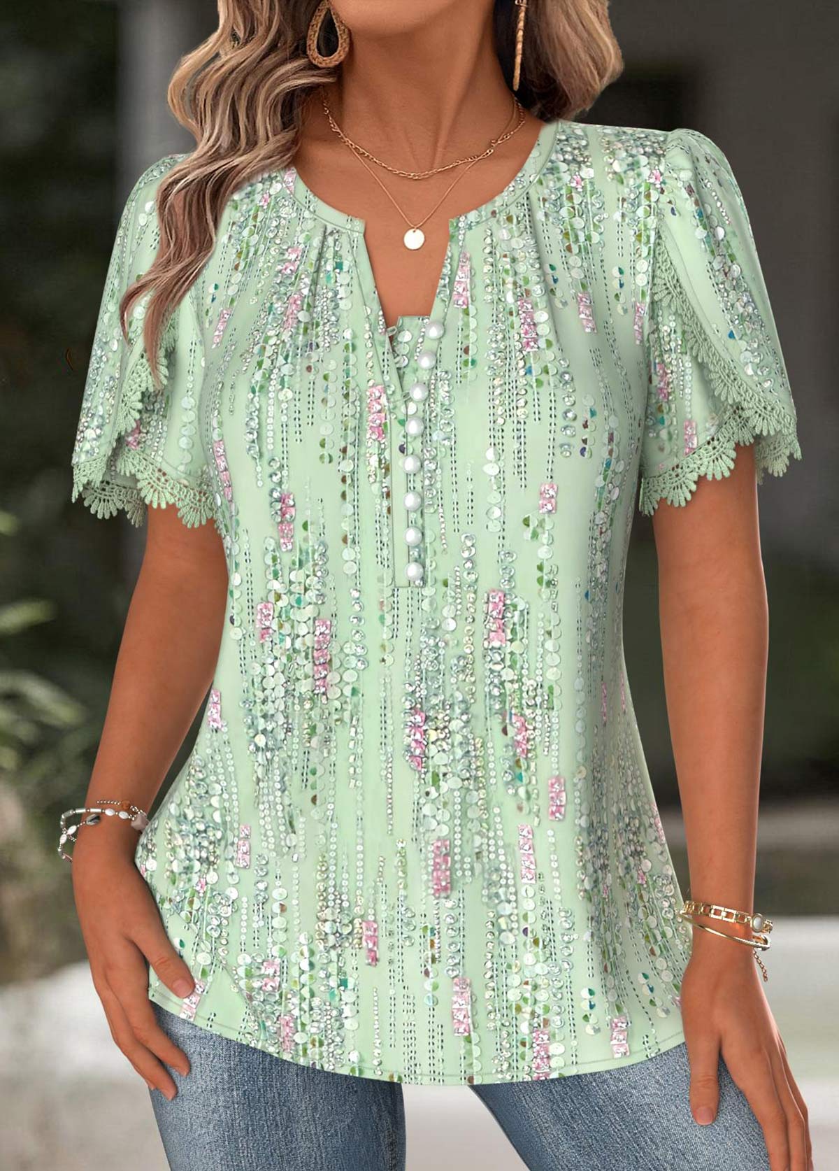 Light Green Geometric Print Short Sleeve Split Neck Blouse | picture 