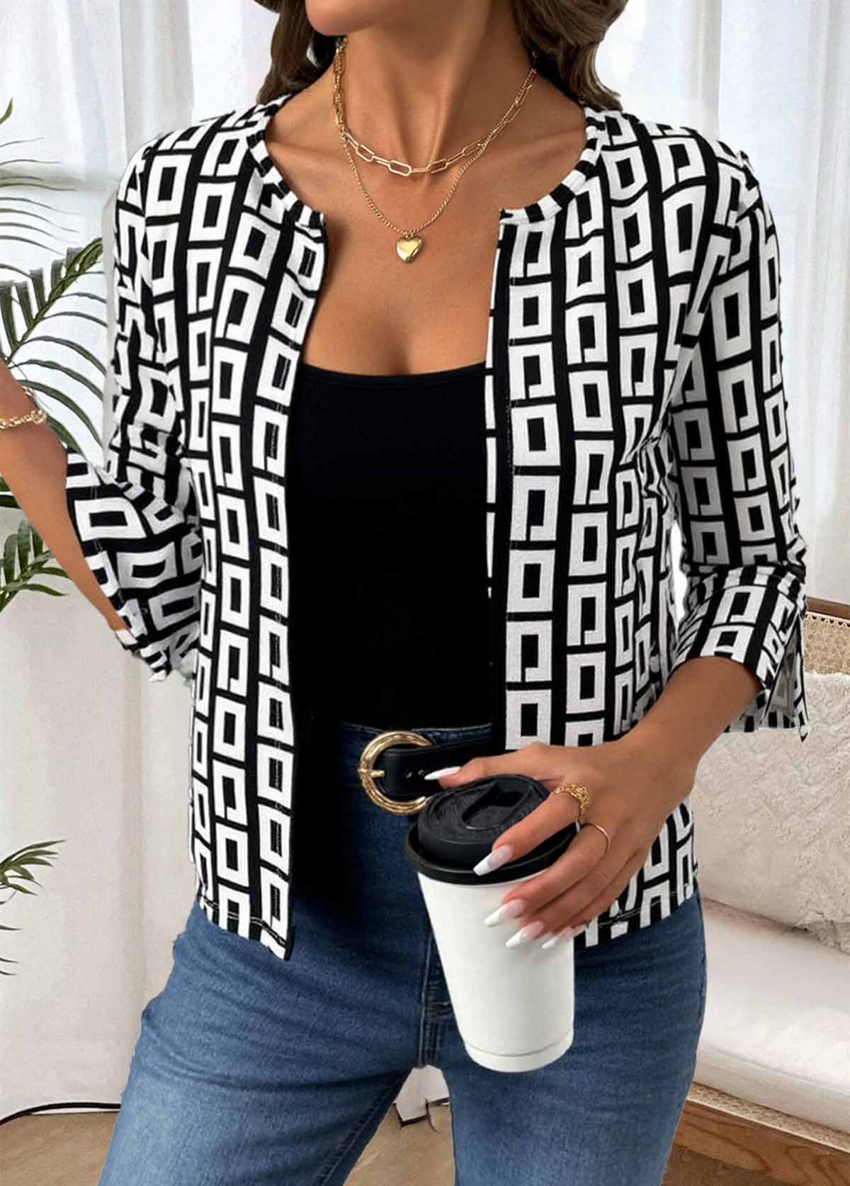 Black Geometric Print 3/4 Sleeve Coat | picture 