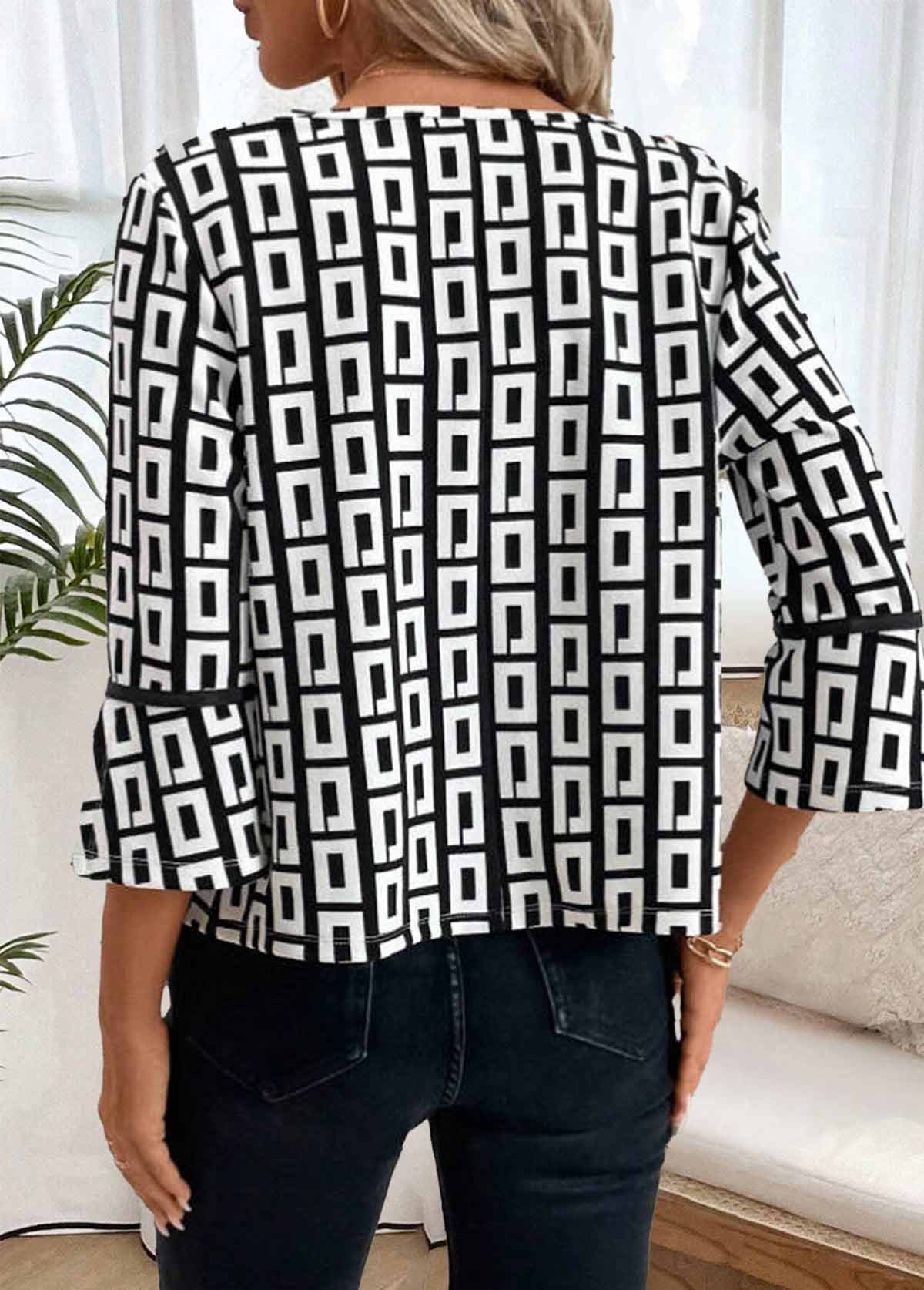 Black Geometric Print 3/4 Sleeve Coat | picture 