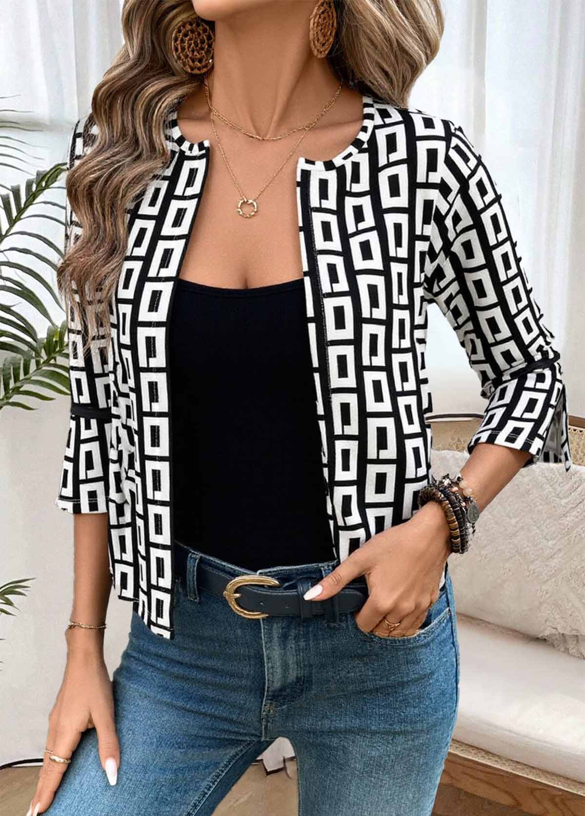 Black Geometric Print 3/4 Sleeve Coat | picture 