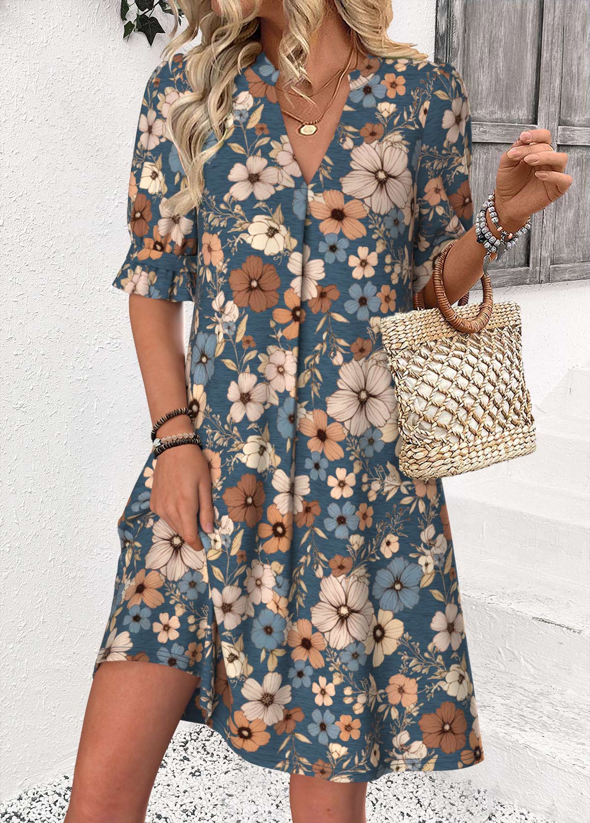 Multi Color Floral Print Half Sleeve Split Neck Dress | picture 