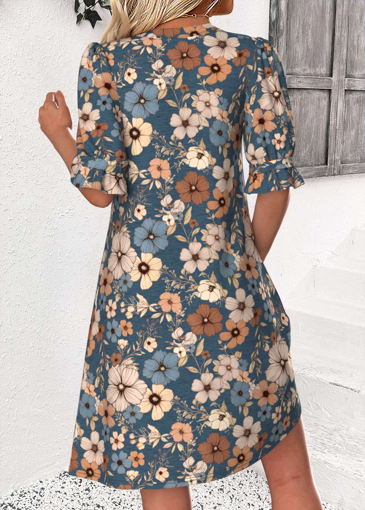 Multi Color Floral Print Half Sleeve Split Neck Dress | picture 