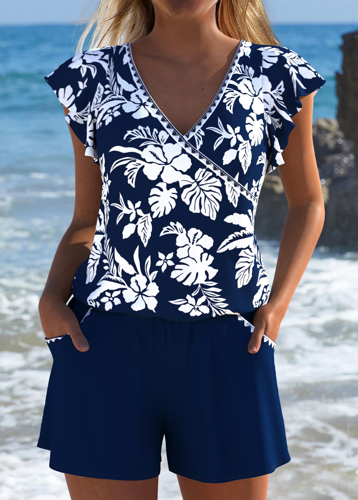 Floral Print Navy One Piece Swimwear