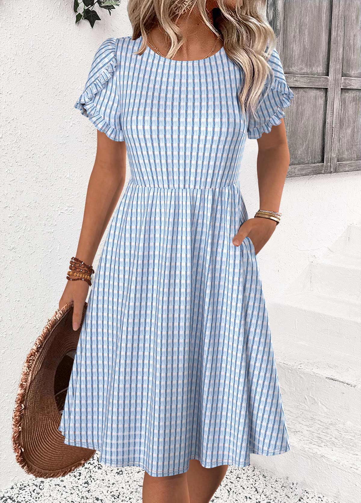 Light Blue Tummy Coverage Short Sleeve Round Neck Dress | picture 
