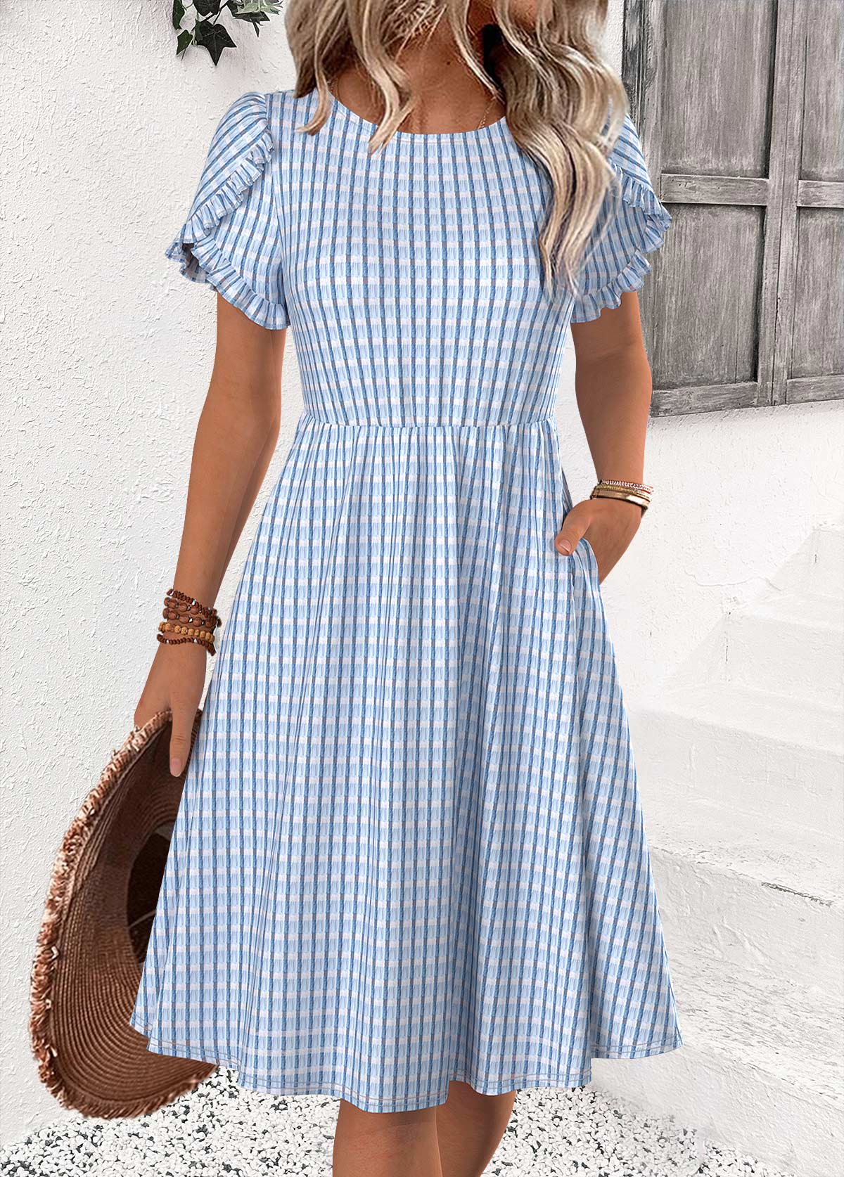Light Blue Tummy Coverage Short Sleeve Round Neck Dress | picture 