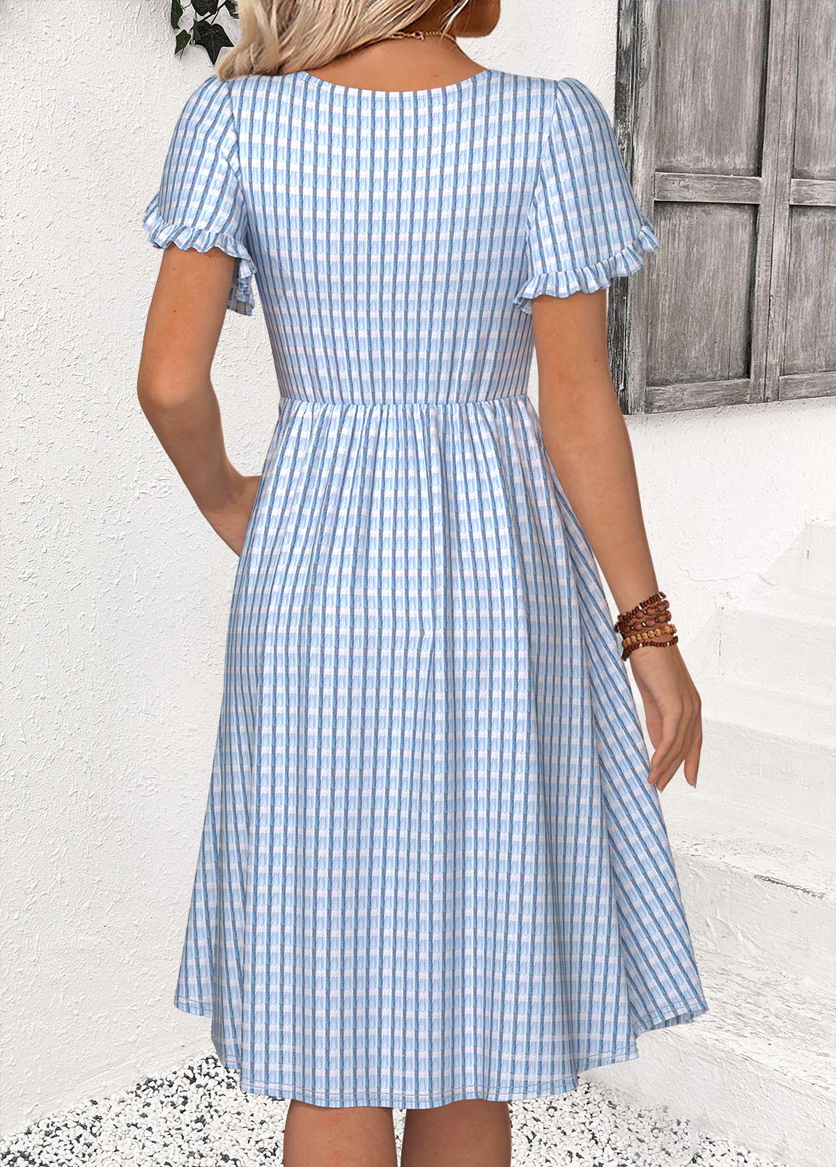 Light Blue Tummy Coverage Short Sleeve Round Neck Dress | picture 