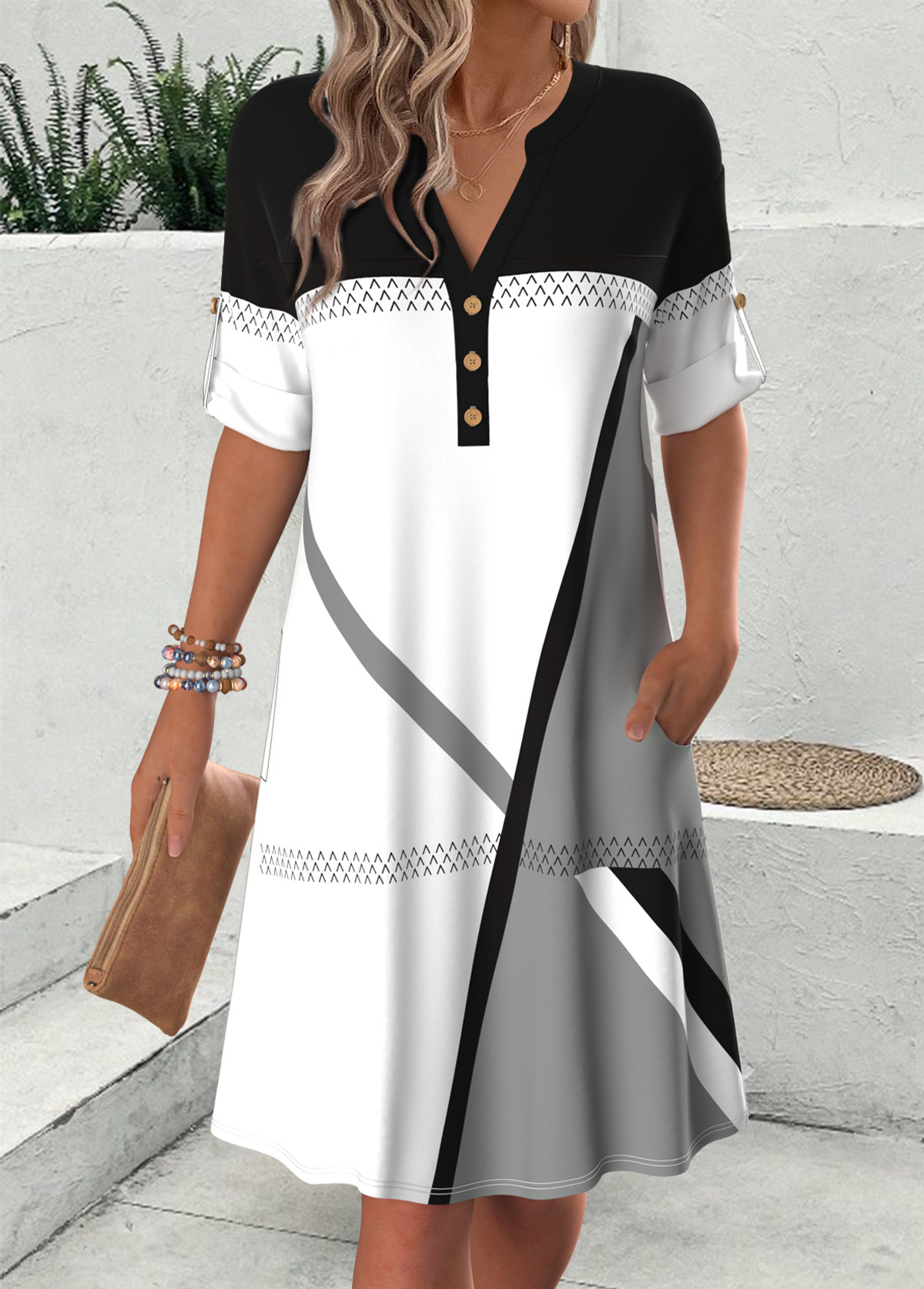 Multi Color Geometric Print Short Sleeve Split Neck Dress-an amazing $41.98- Dresses for Women 384676 |Modlily Multi Color Geometric Print Short Sleeve Split Neck Dress-an amazing $41.98- Dresses for Women 384676 |Modlily