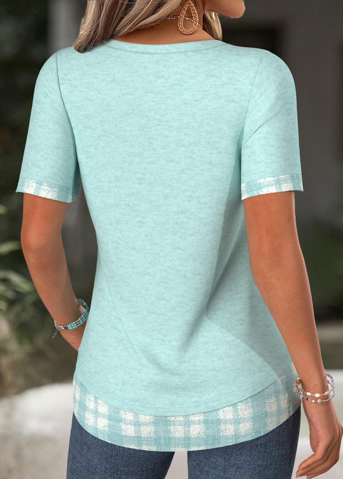 Cyan Plaid Short Sleeve Split Neck T Shirt | picture 