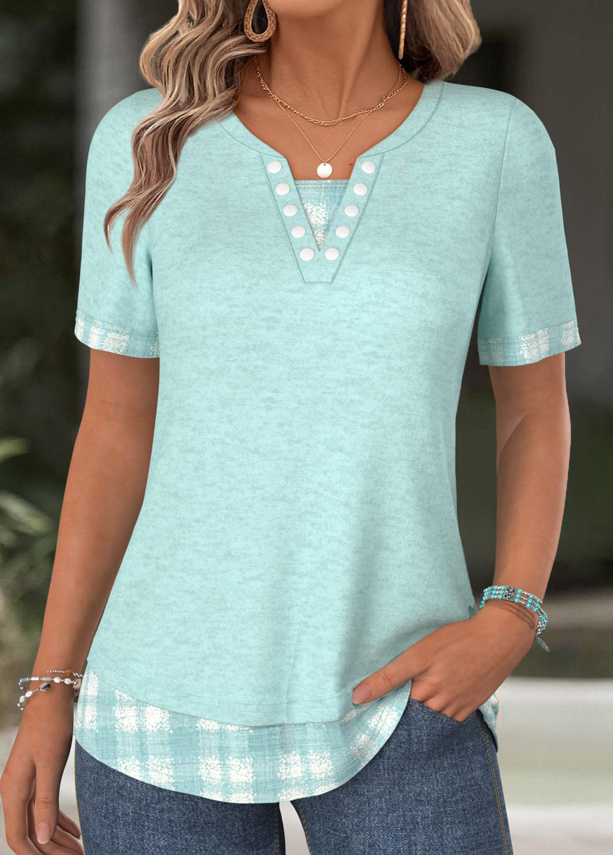 Cyan Plaid Short Sleeve Split Neck T Shirt | picture 
