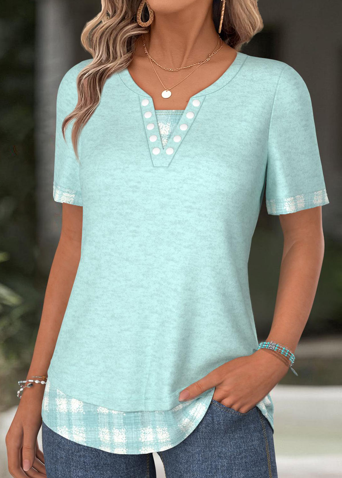 Cyan Plaid Short Sleeve Split Neck T Shirt | picture 