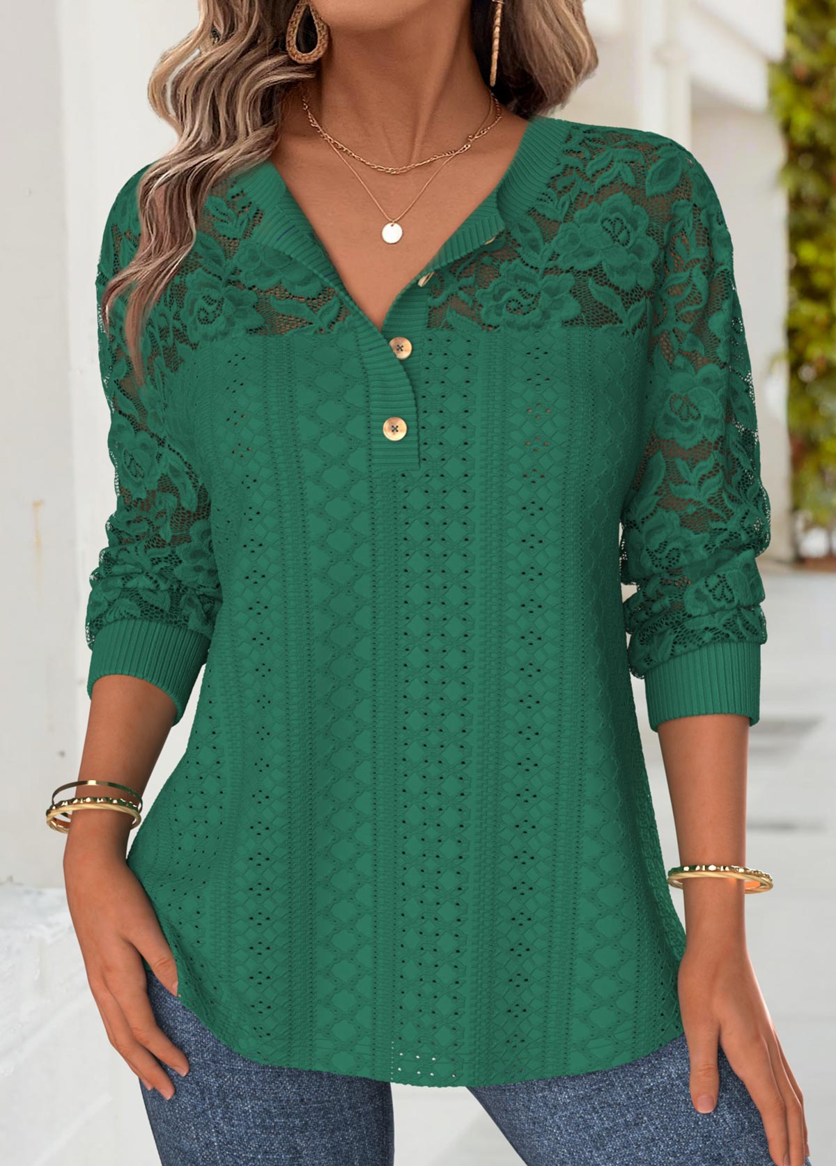 Green 3/4 Sleeve Split Neck T Shirt | picture 