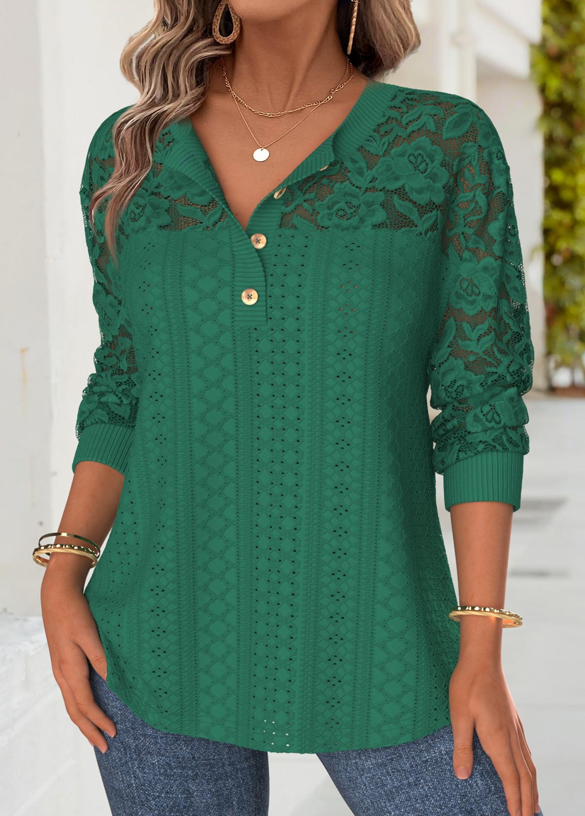 Green 3/4 Sleeve Split Neck T Shirt | picture 