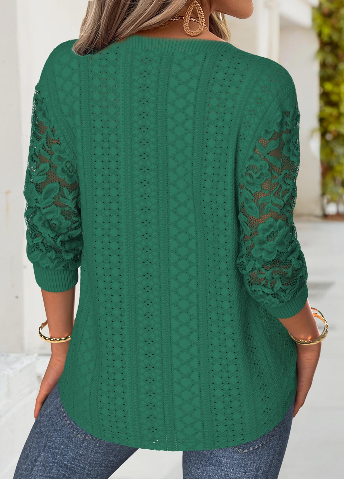 Green 3/4 Sleeve Split Neck T Shirt | picture 