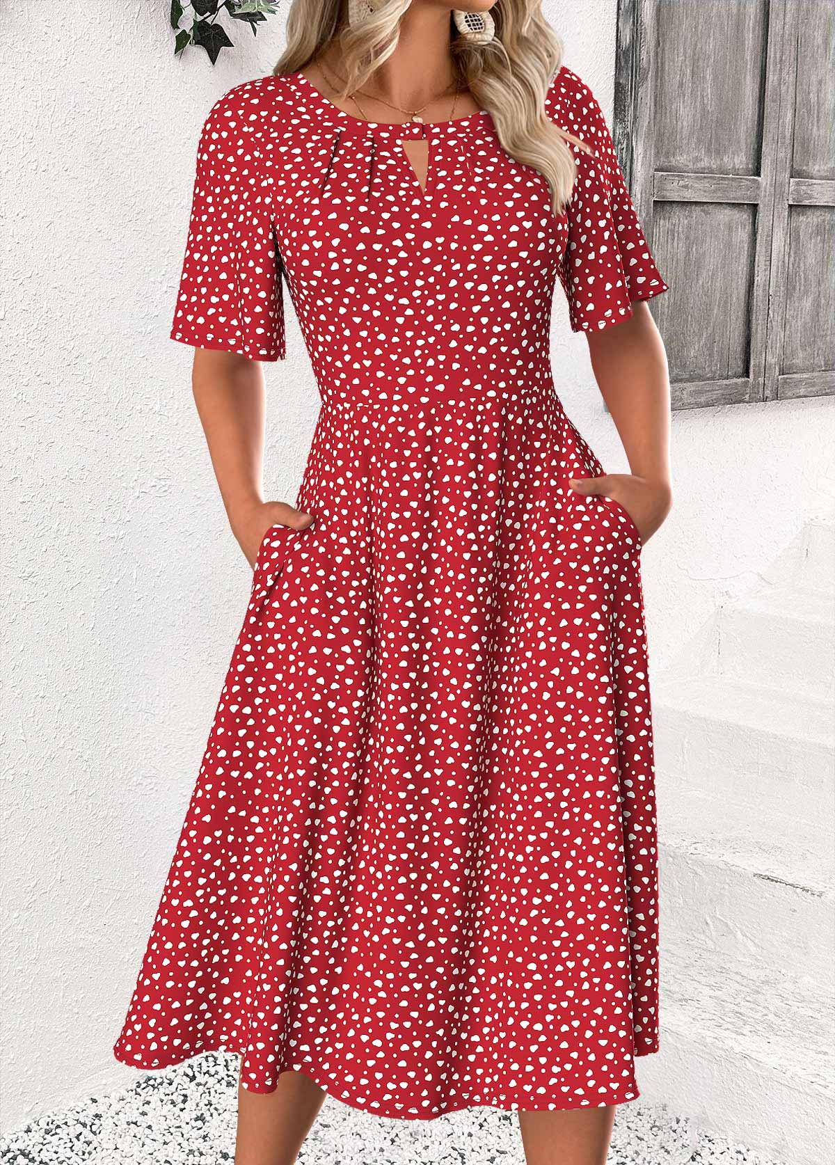 Red Polka Dot Short Sleeve Round Neck Midi Dress  Flowy & Tummy Control