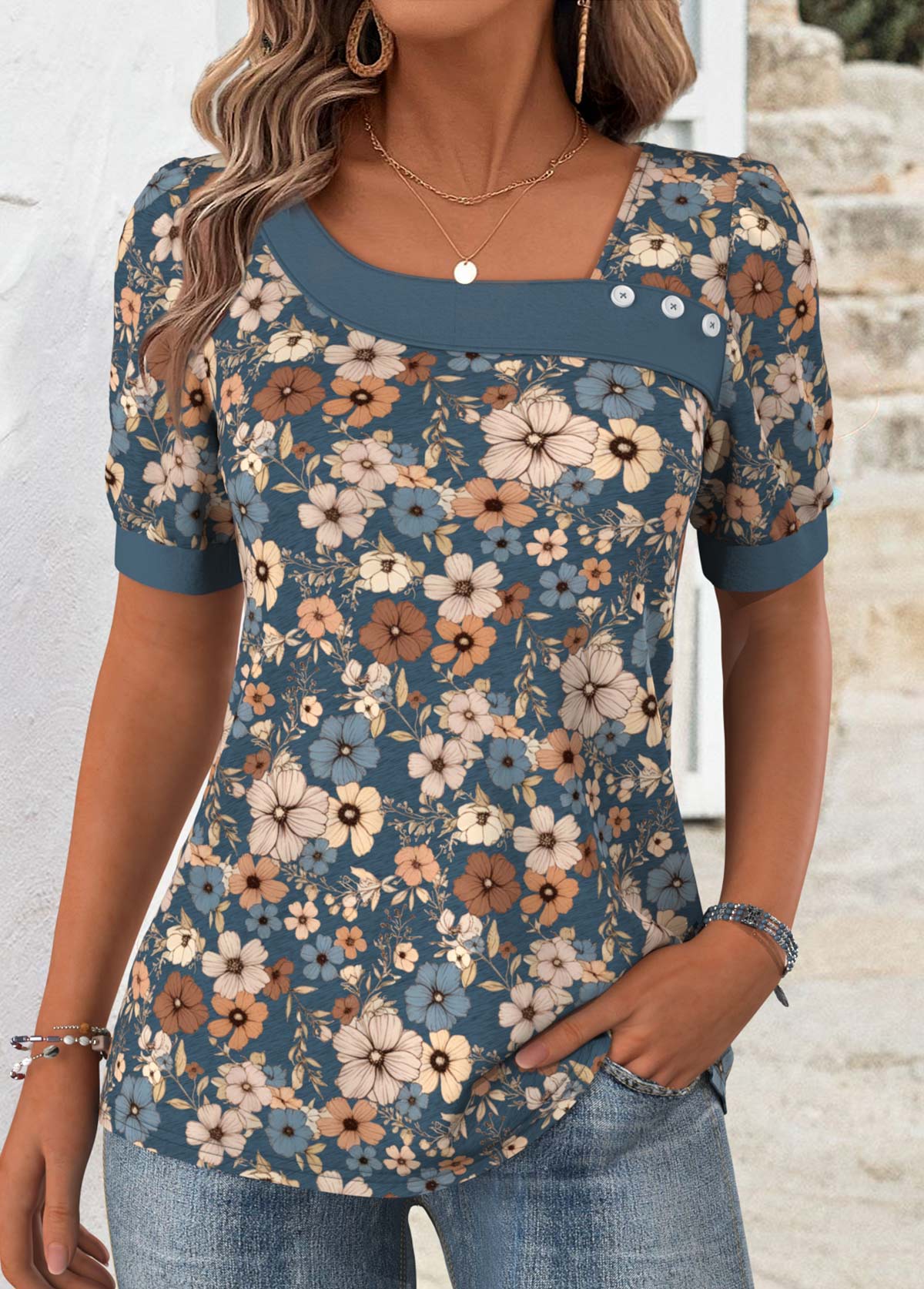 Multi Color Floral Print Short Sleeve T Shirt | picture 