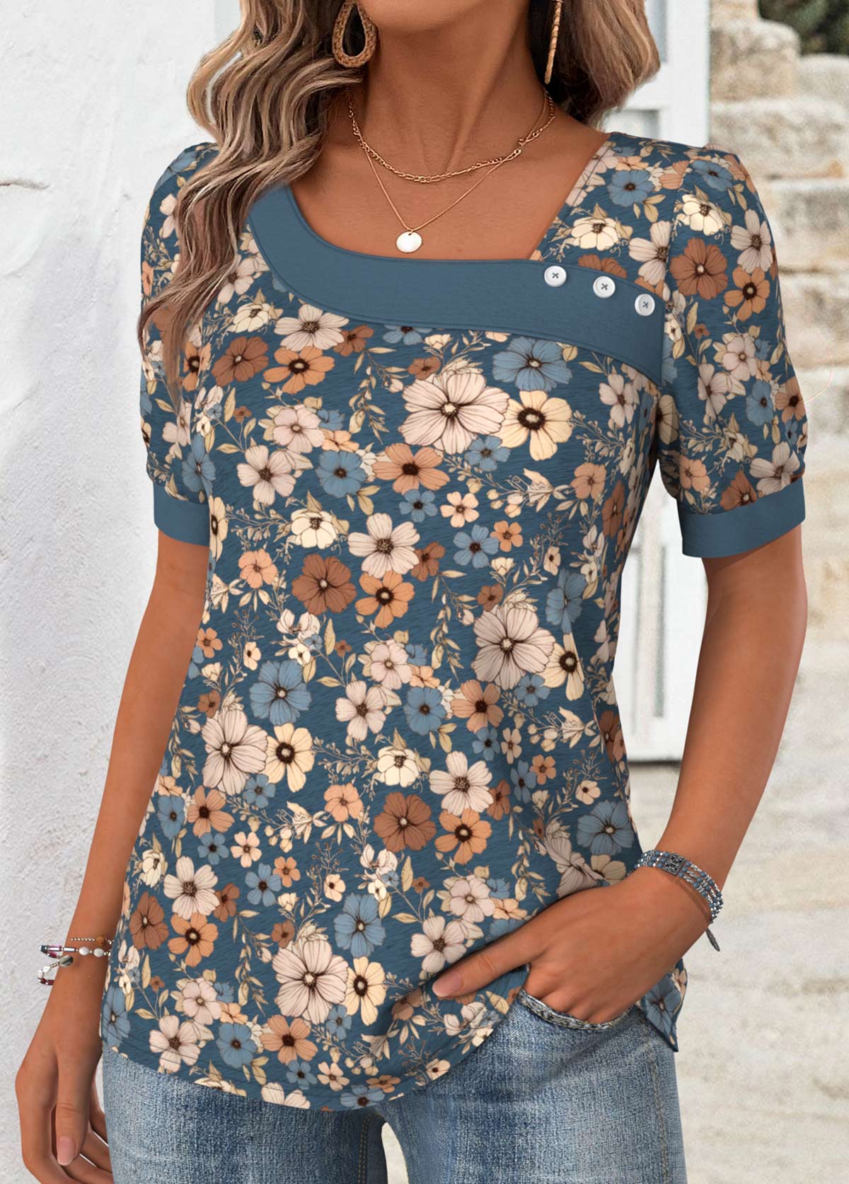 Multi Color Floral Print Short Sleeve T Shirt | picture 