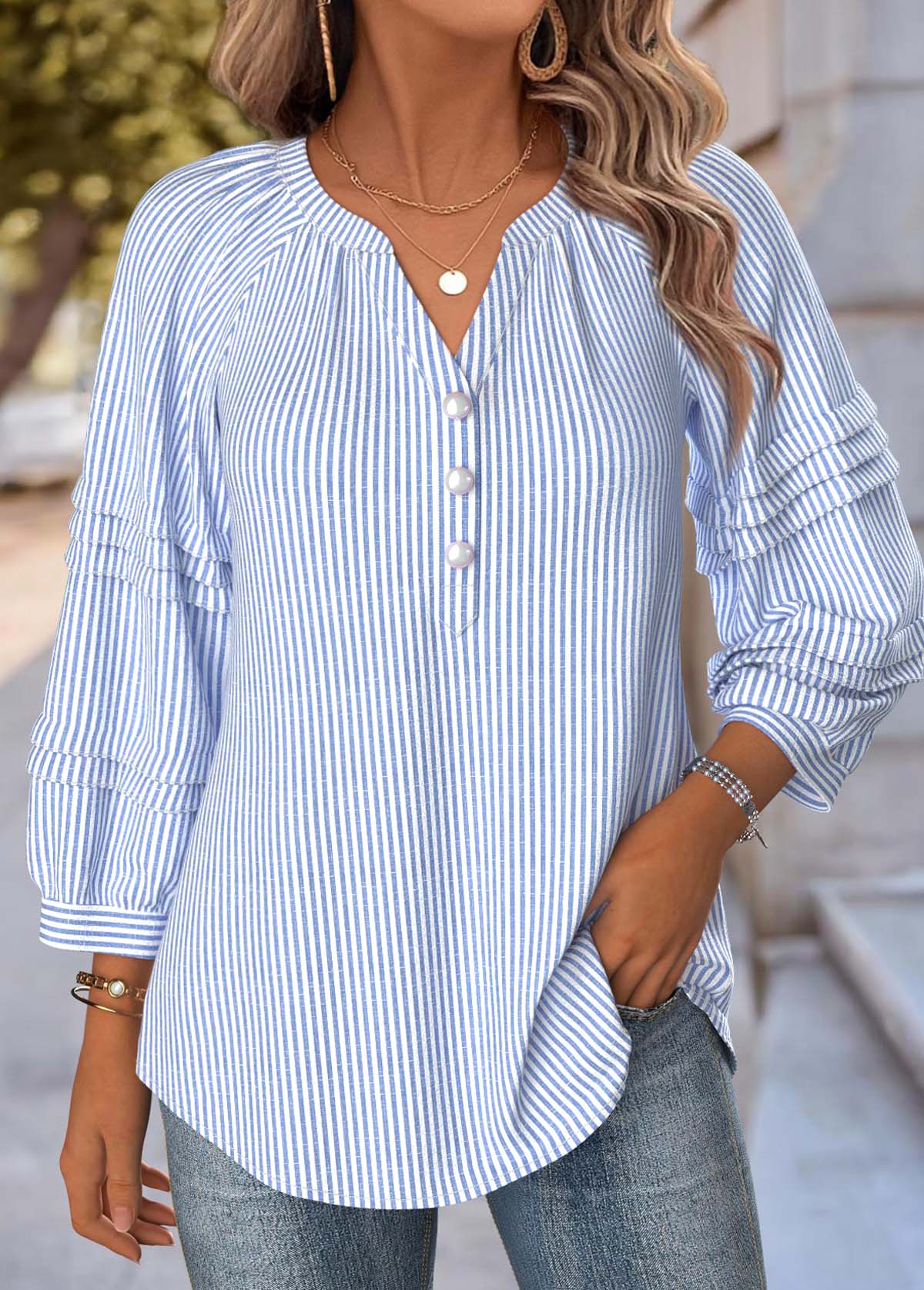 Blue Striped 3/4 Sleeve Split Neck Blouse | picture 