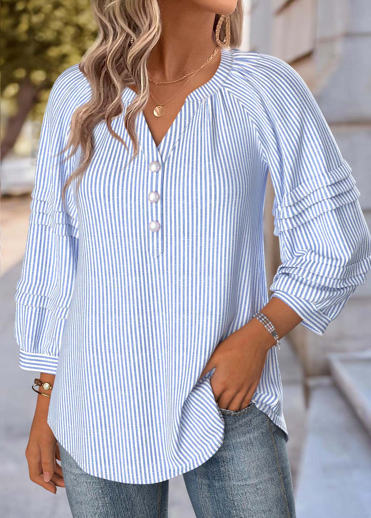 Blue Striped 3/4 Sleeve Split Neck Blouse | picture 