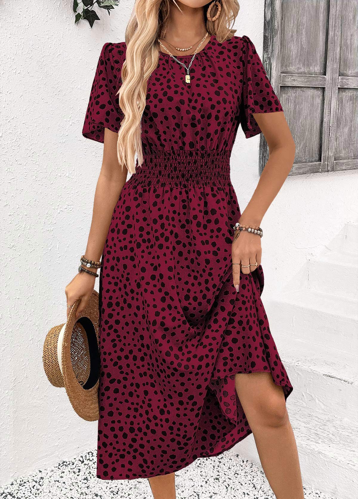 Deep Red Leopard Short Sleeve Round Neck Dress | picture 