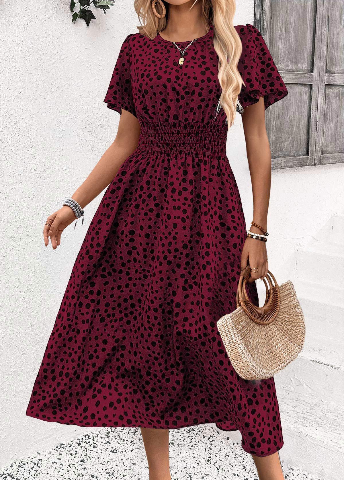 Deep Red Leopard Short Sleeve Round Neck Dress | picture 