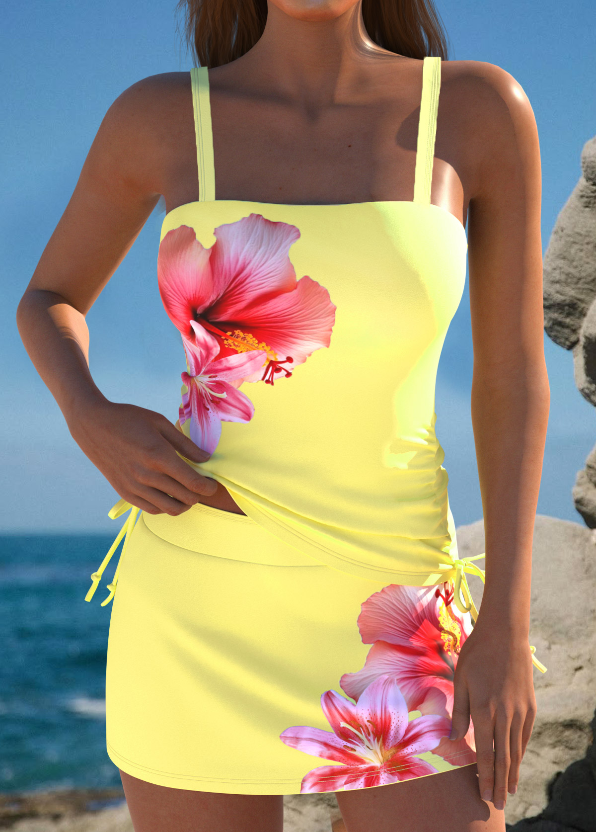 Mid Waisted Floral Print Yellow Tankini Set | picture 