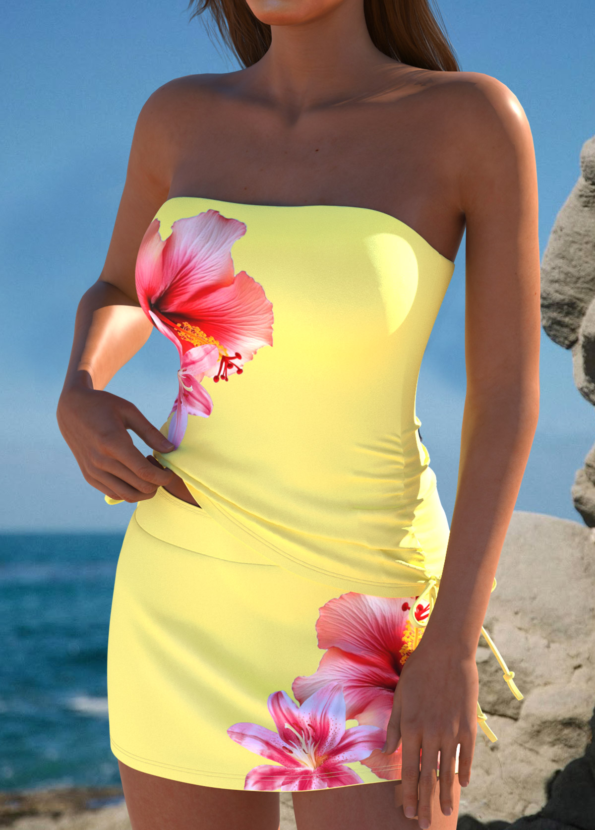 Mid Waisted Floral Print Yellow Tankini Set | picture 