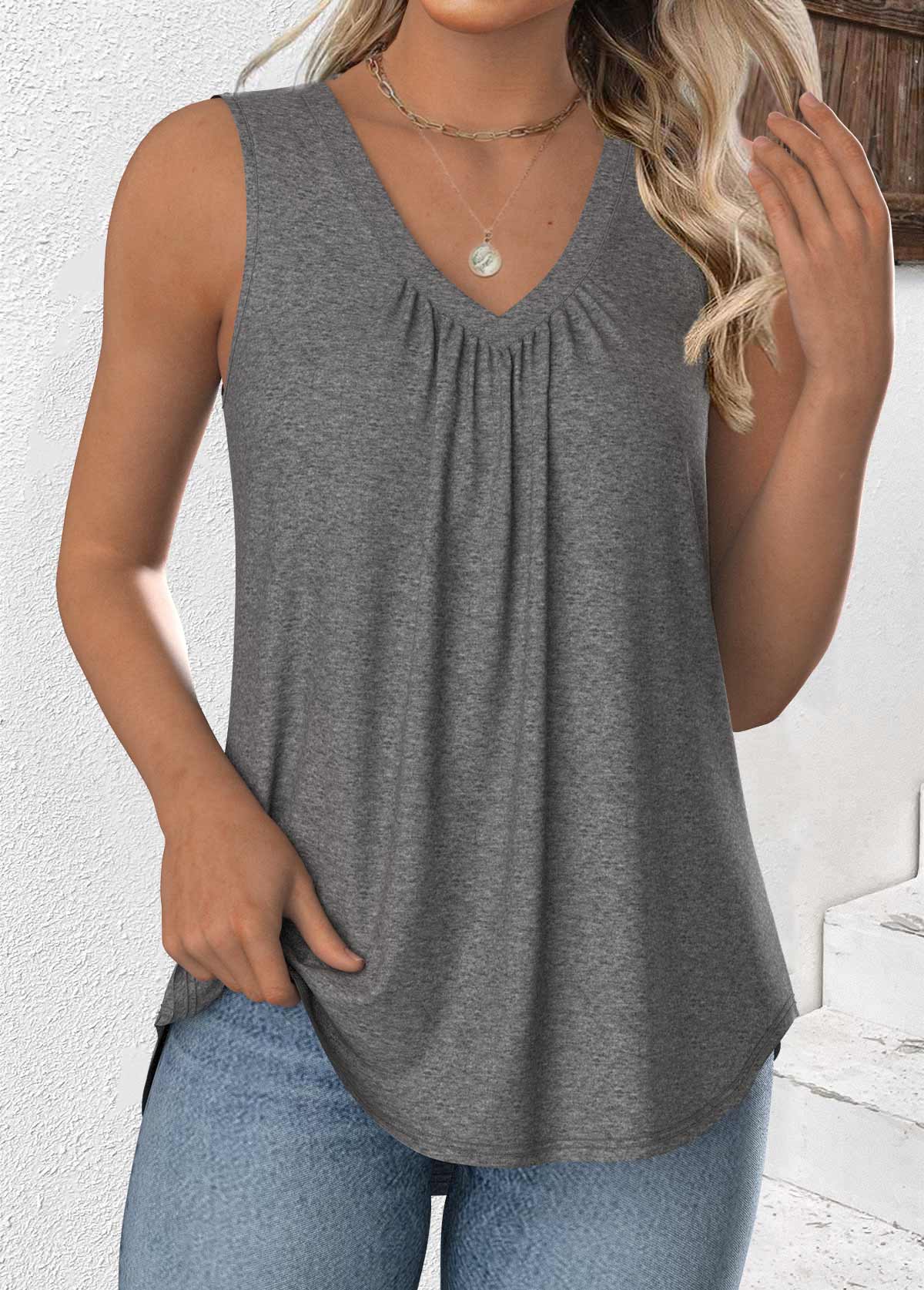Plus Size Grey Sleeveless V Neck Tank Top | picture 
