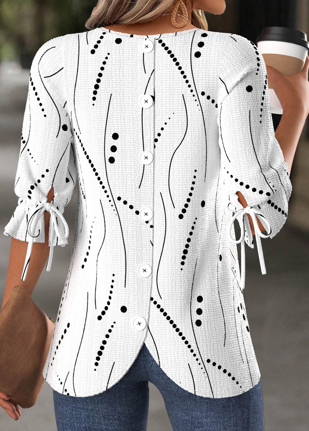Plus Size White Button Geometric Print T Shirt | picture 