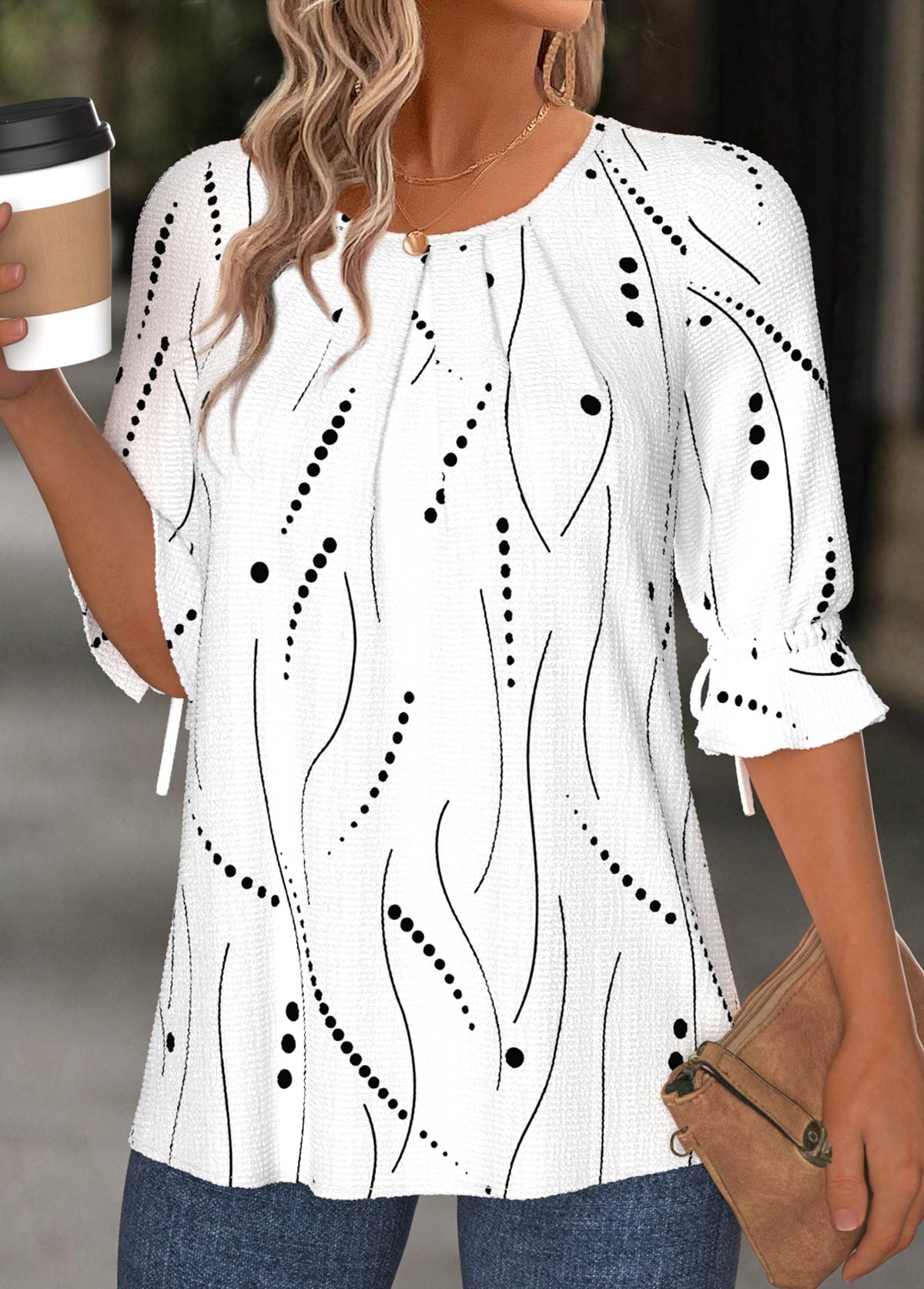 Plus Size White Button Geometric Print T Shirt | picture 