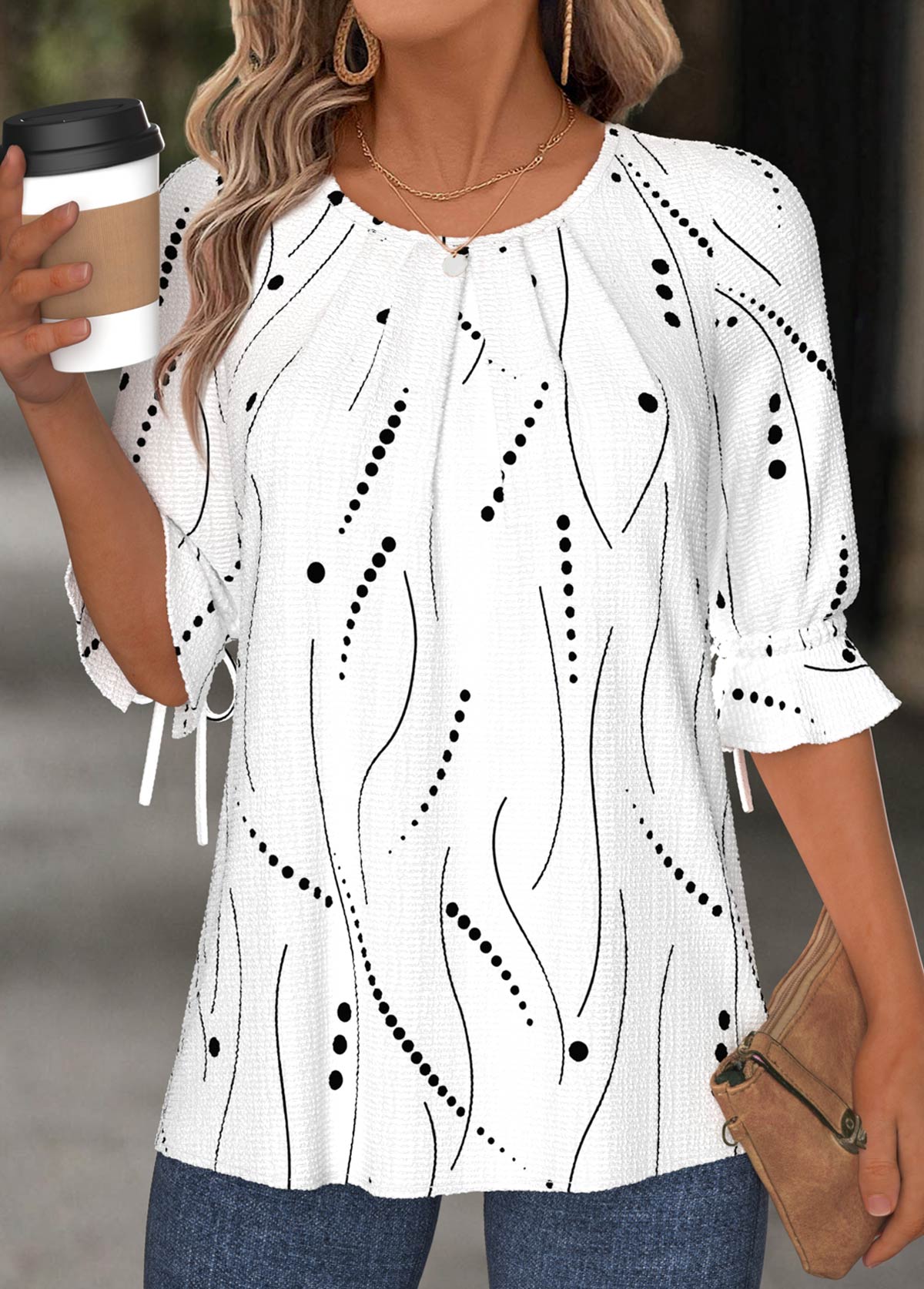 Plus Size White Button Geometric Print T Shirt | picture 