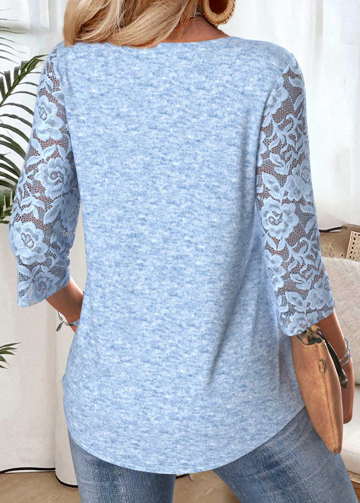 Light Blue 3/4 Sleeve Round Neck T Shirt | picture 