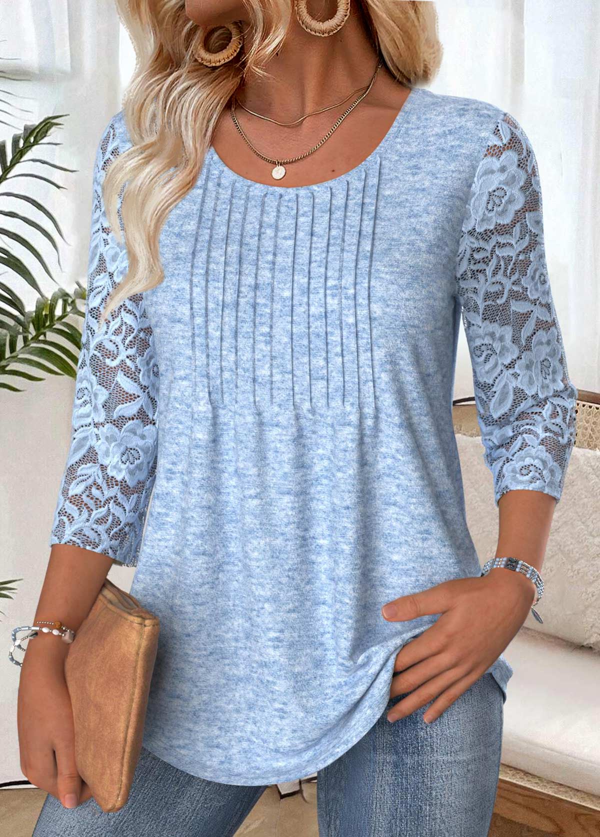 Light Blue 3/4 Sleeve Round Neck T Shirt | picture 