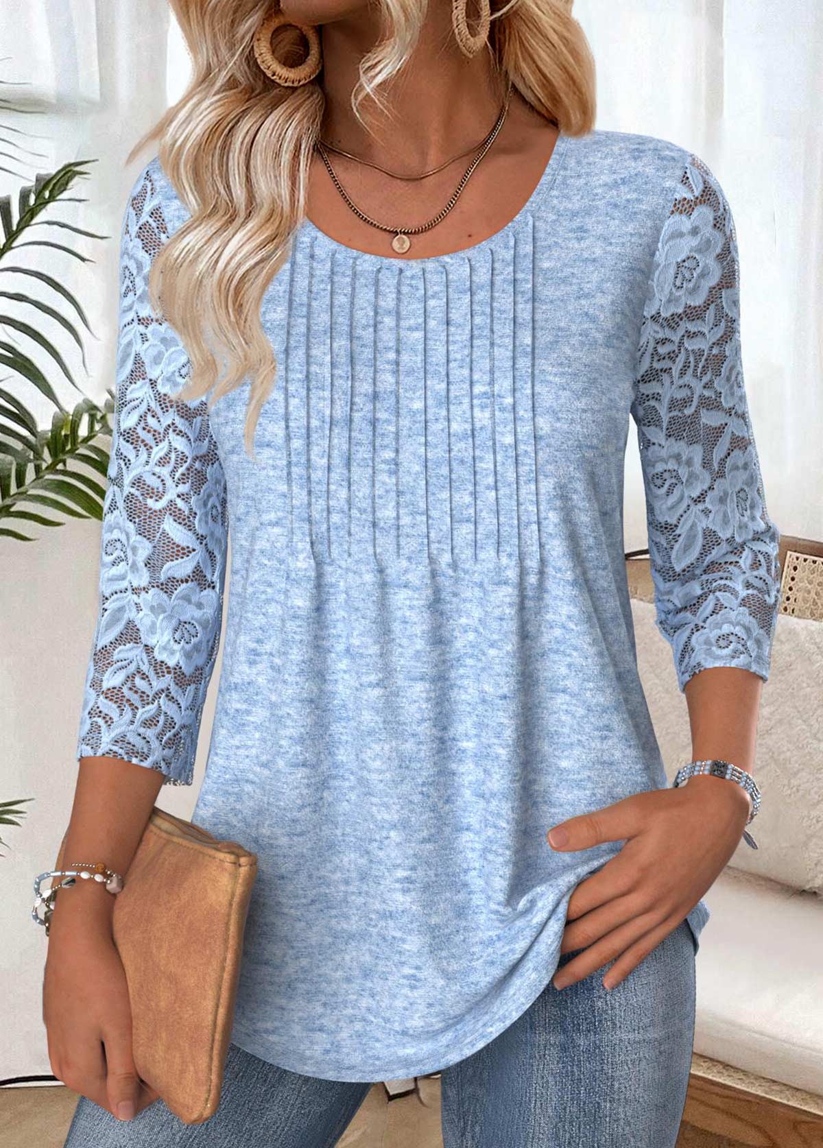 Light Blue 3/4 Sleeve Round Neck T Shirt | picture 