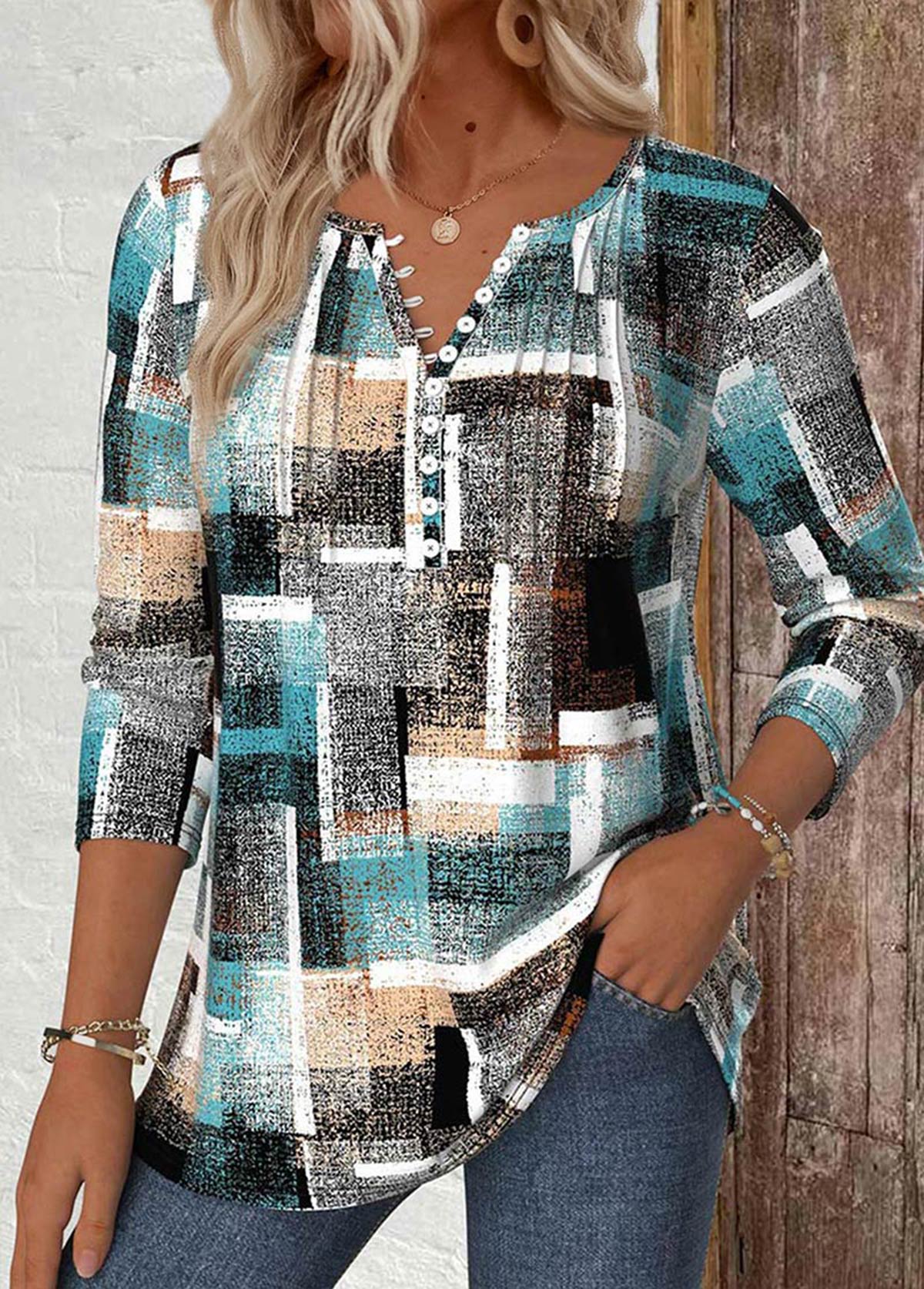 Modlily Multi Color Geometric Print Long Sleeve T Shirt - XXL
