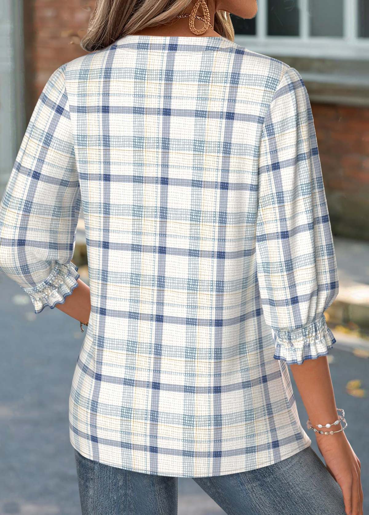 Multi Color Smocked Plaid 3/4 Sleeve Split Neck Blouse | picture 