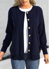 Blue Button Long Sleeve Round Neck Coat
