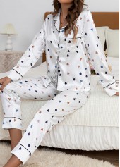 White Heart Print Long Sleeve Lounge Top and Pants