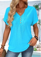 Blue Button Short Sleeve Split Neck T Shirt