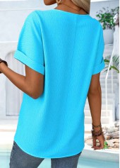 Blue Button Short Sleeve Split Neck T Shirt | thumb picture 