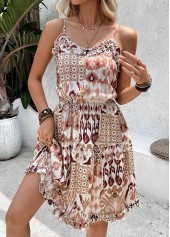 Light Coffee Tribal Print Short Tummy Coverage Strappy Dress | thumb picture 