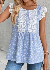 Blue Striped Short Sleeve Round Neck Tank Top | thumb picture 