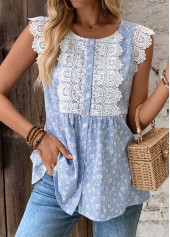 Blue Striped Short Sleeve Round Neck Tank Top