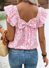 Pink Floral Print Short Sleeve Square Neck T Shirt