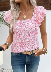 Pink Floral Print Short Sleeve Square Neck T Shirt | thumb picture 