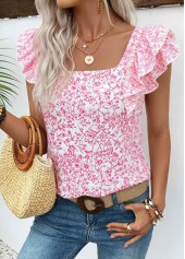 Pink Floral Print Short Sleeve Square Neck T Shirt | thumb picture 