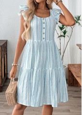 Dusty Blue Striped Ruffle Short Sleeve Round Neck Dress | thumb picture 