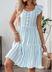 Dusty Blue Striped Ruffle Short Sleeve Round Neck Dress | thumb picture 