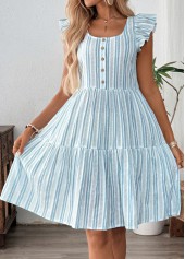 Dusty Blue Striped Ruffle Short Sleeve Round Neck Dress | thumb picture 
