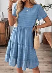 Dusty Blue Tummy Coverage Striped Short Sleeve Dress