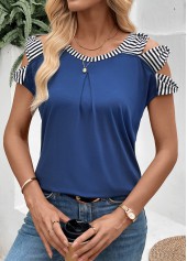 Navy Striped Bowknot Short Sleeve Round Neck T Shirt | thumb picture 